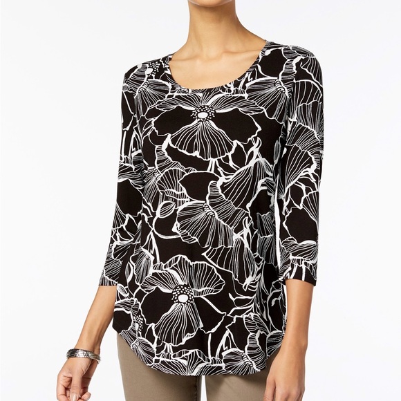 JM Collection Black And White Print Top - Picture 1 of 7